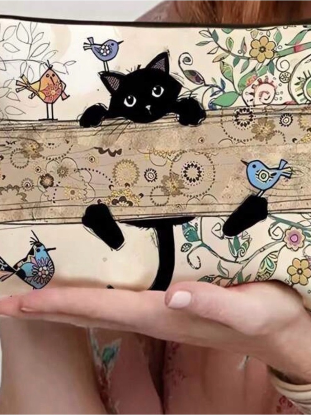 Playful Black Cat Floral Cosmetic Bag - Cream & Black